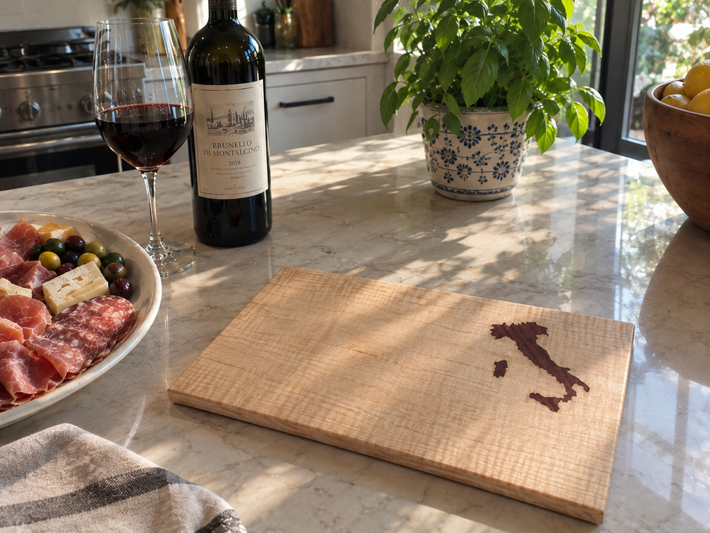 Italian kitchen corner with a wooden cutting board featuring an Italy inlay, wine, basil, and aperitivo ingredients.