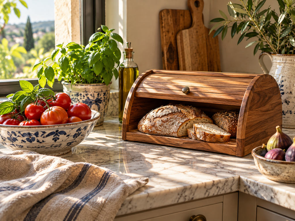 Italian kitchen corner with wooden bread box, fresh tomatoes, basil, olive oil, and rustic bread on a sunlit marble countertop.